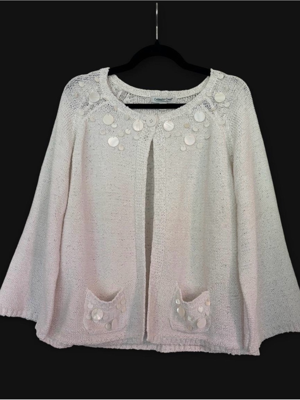Vintage Knit Cardigan Embellished Mother of Pearl Shell Bell Sleeve Coastal Boho